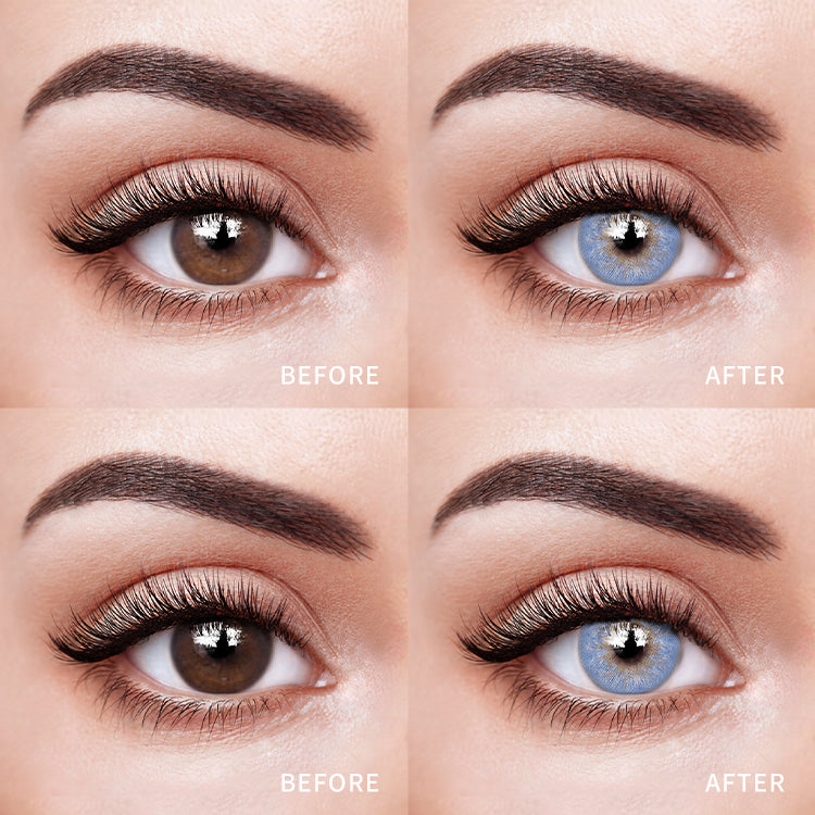 The before and after comparison of wearing Fiesta Blue Contact Lenses.